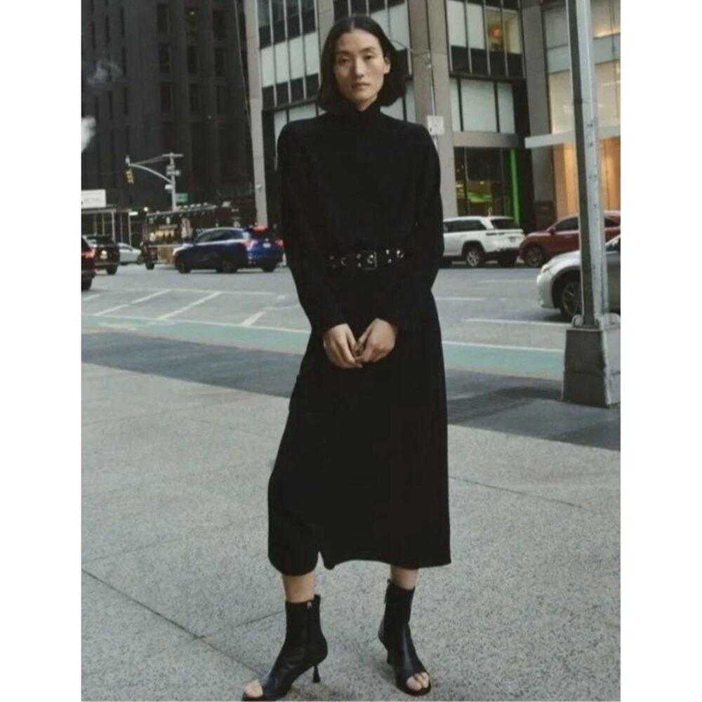 Zara Black High Collar Midi Dress M Long Sleeve Mock Neck Minimalist Modest Chic